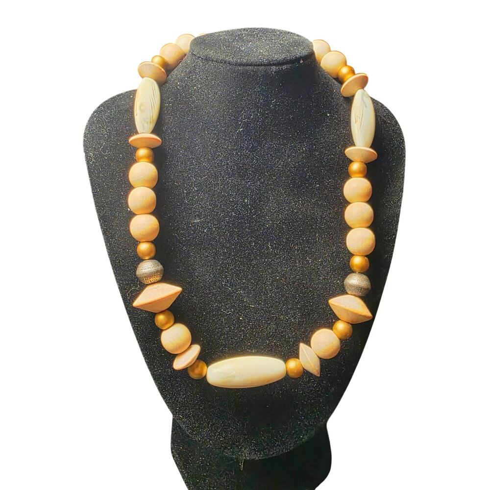 Vintage Wood & Bone Bead Necklace Boho Tribal Earth Tone 17"